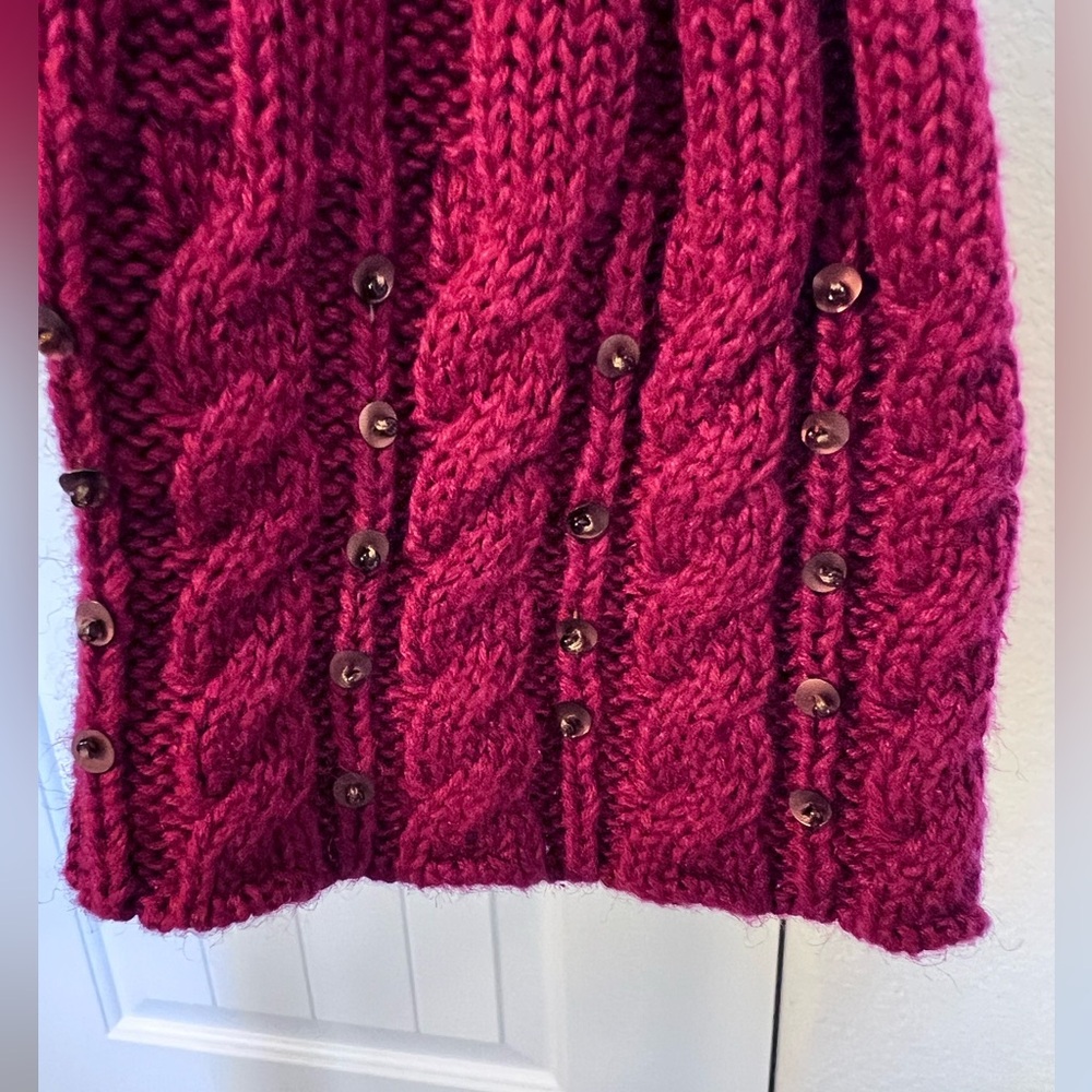 Vintage Storybook Knits Burgundy Sweater Sequin Deer Ribbon Zip up Sz Small - Picture 4 of 13
